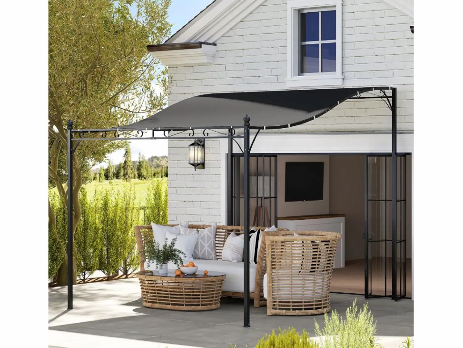 Pérgola adosada con techo impermeable, estructura metálica, color oscuro (248x298x250 cm)