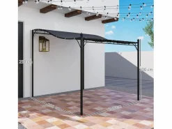 Pérgola adosada con techo impermeable, estructura metálica, color oscuro (248x298x250 cm)