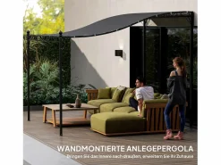 Pérgola adosada con techo impermeable, estructura metálica, color oscuro (248x298x250 cm)