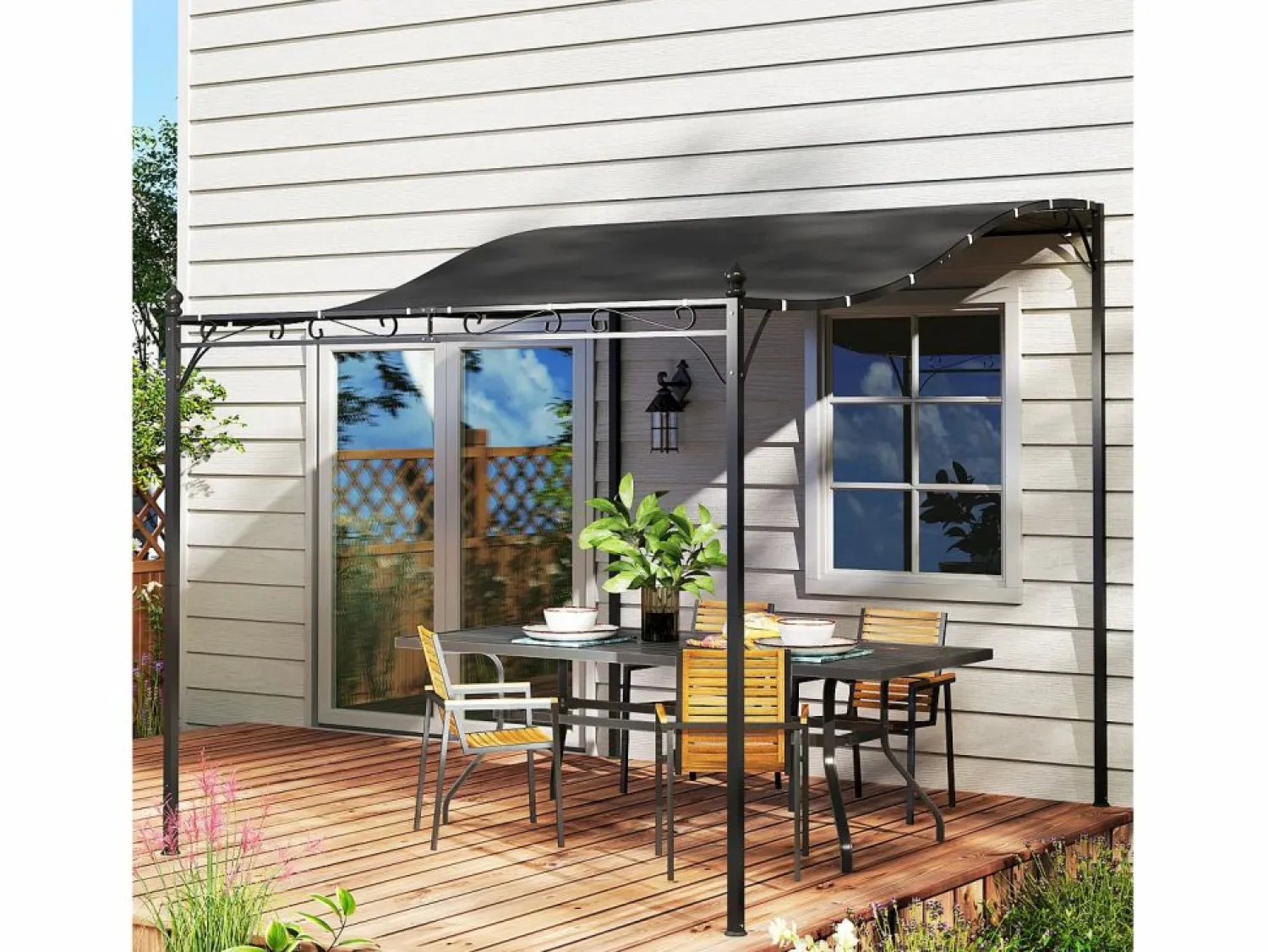 Pérgola adosada con techo impermeable, estructura metálica, color oscuro (248x298x250 cm)