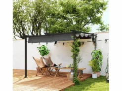 Pérgola adosada con techo retráctil, estructura de acero y poliéster, color oscuro (297x297x230cm)