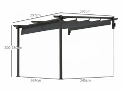 Pérgola adosada con techo retráctil, estructura de acero y poliéster, color oscuro (297x297x230cm)