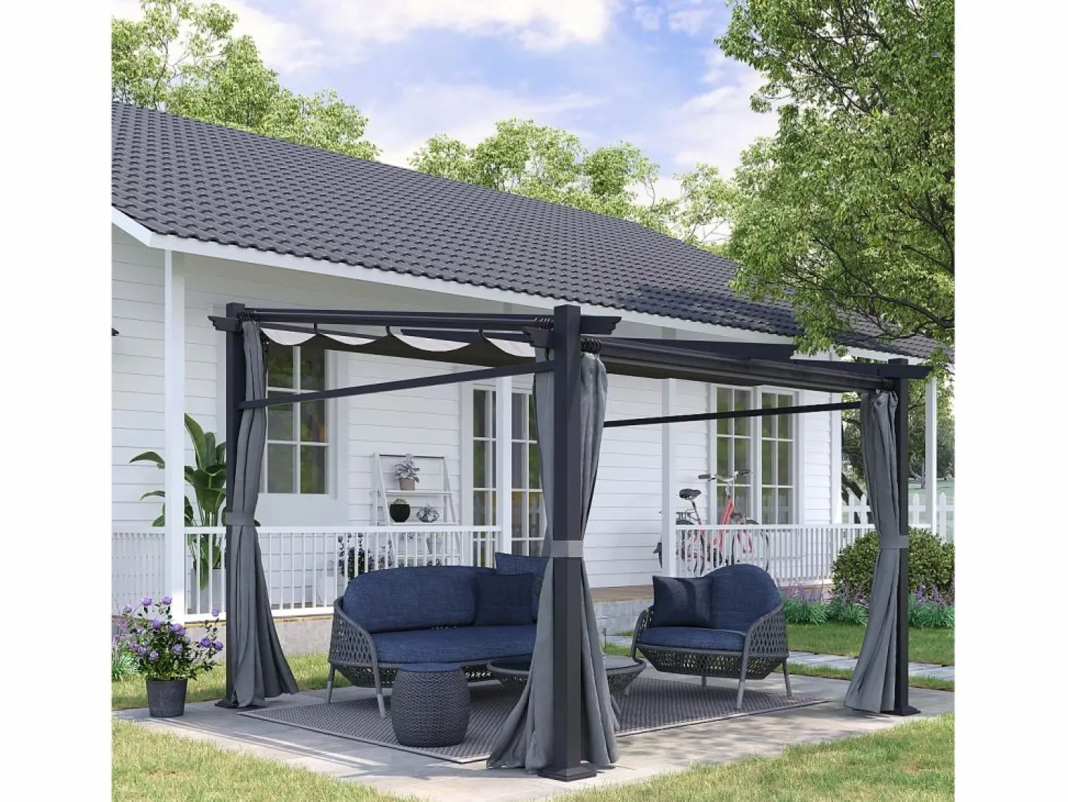 Pérgola con techo retráctil, estructura de acero, poliéster, oscuro (297x295x230cm) Pérgola