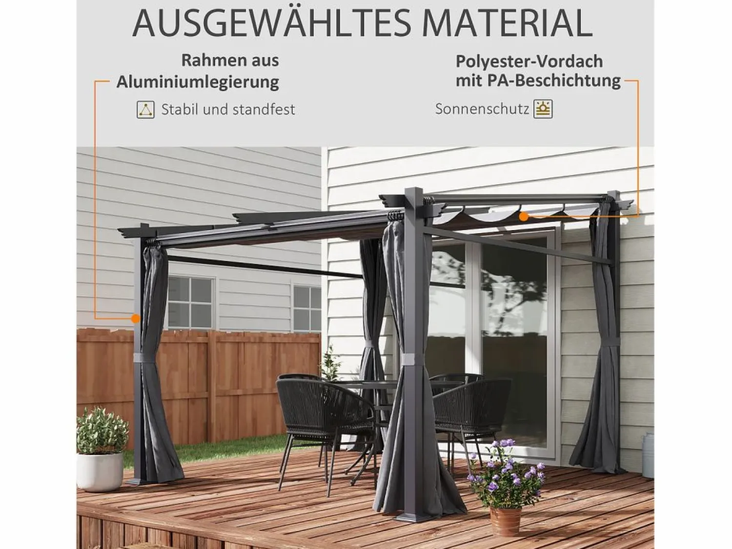 Pérgola con techo retráctil, estructura de acero, poliéster, oscuro (297x295x230cm) Pérgola