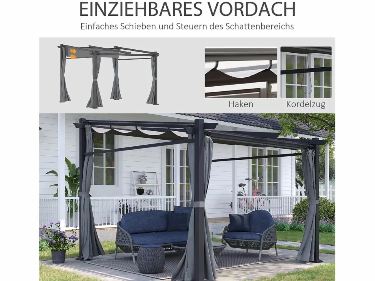 Pérgola con techo retráctil, estructura de acero, poliéster, oscuro (297x295x230cm) Pérgola