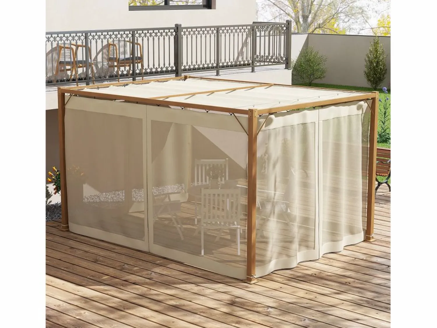 Discount Outsunny Pérgola Nancy retráctil + mosquiteras natural 225x397x297 cm Marru00f3n