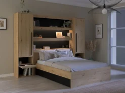 Hot Puente de cama con almacenaje y LED natural y negro - VARLY Cabecero Y Puente De Cama