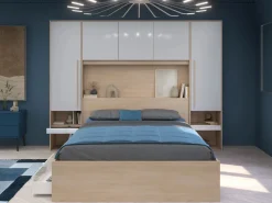 Online Vente-unique Puente de cama con almacenamiento y LEDs L265 cm color blanco brillante y natural - VELONA Color natural claro / Blanco