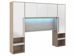 Online Vente-unique Puente de cama con almacenamiento y LEDs L265 cm color blanco brillante y natural - VELONA Color natural claro / Blanco