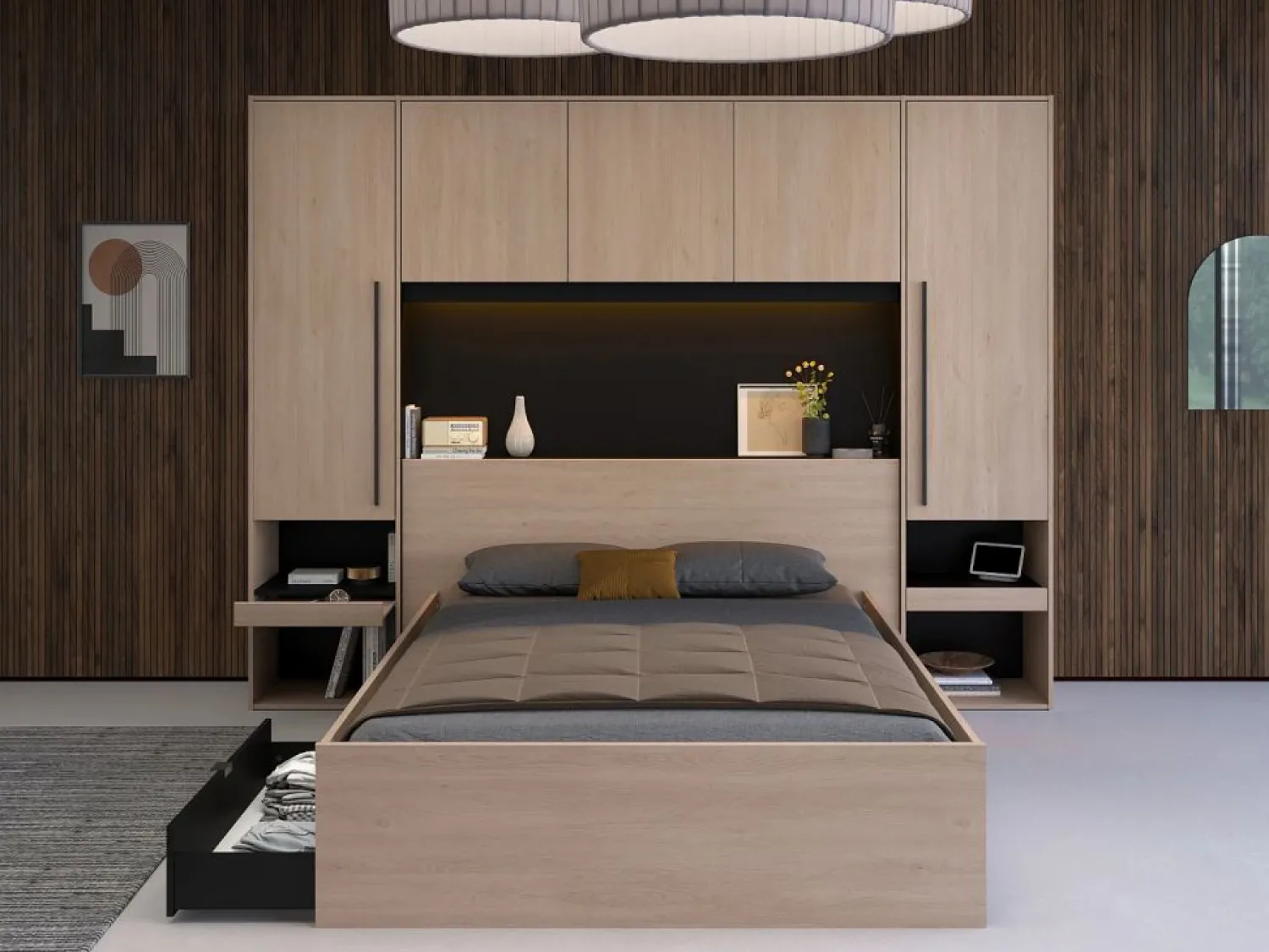 Outlet Puente de cama con compartimentos y LEDs L265 cm color natural y negro - VELONA Cabecero Y Puente De Cama