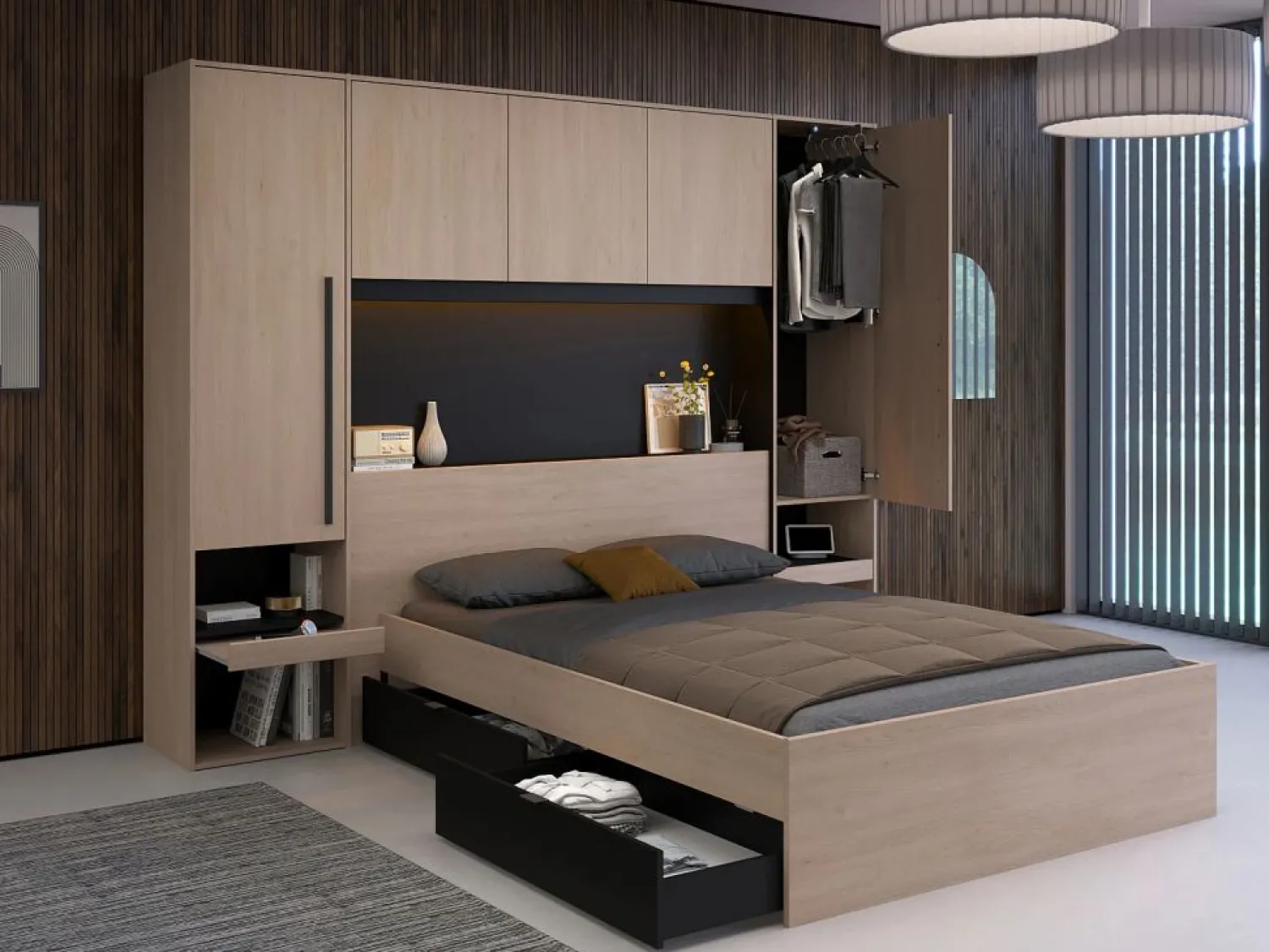 Outlet Puente de cama con compartimentos y LEDs L265 cm color natural y negro - VELONA Cabecero Y Puente De Cama