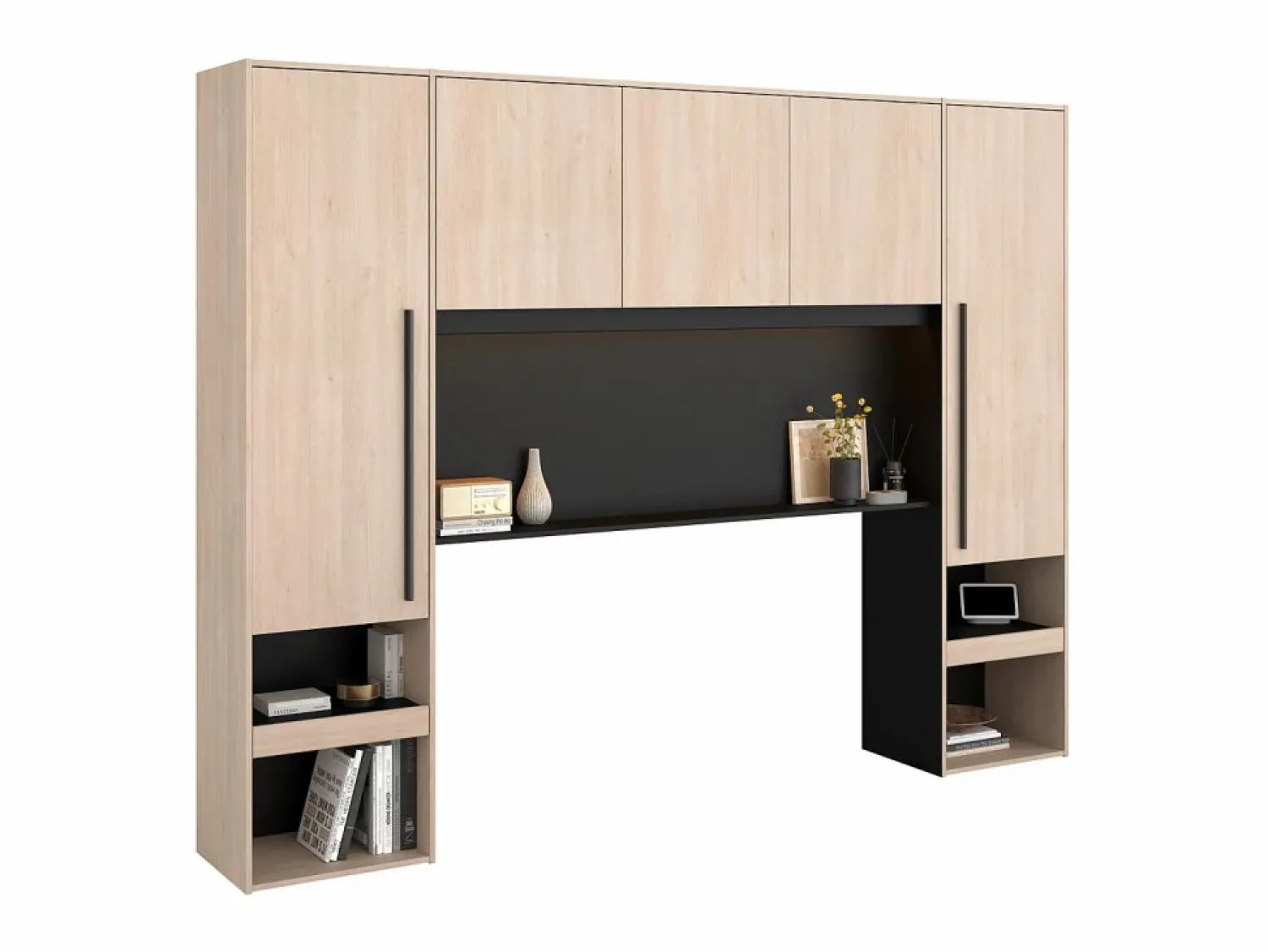 Outlet Puente de cama con compartimentos y LEDs L265 cm color natural y negro - VELONA Cabecero Y Puente De Cama