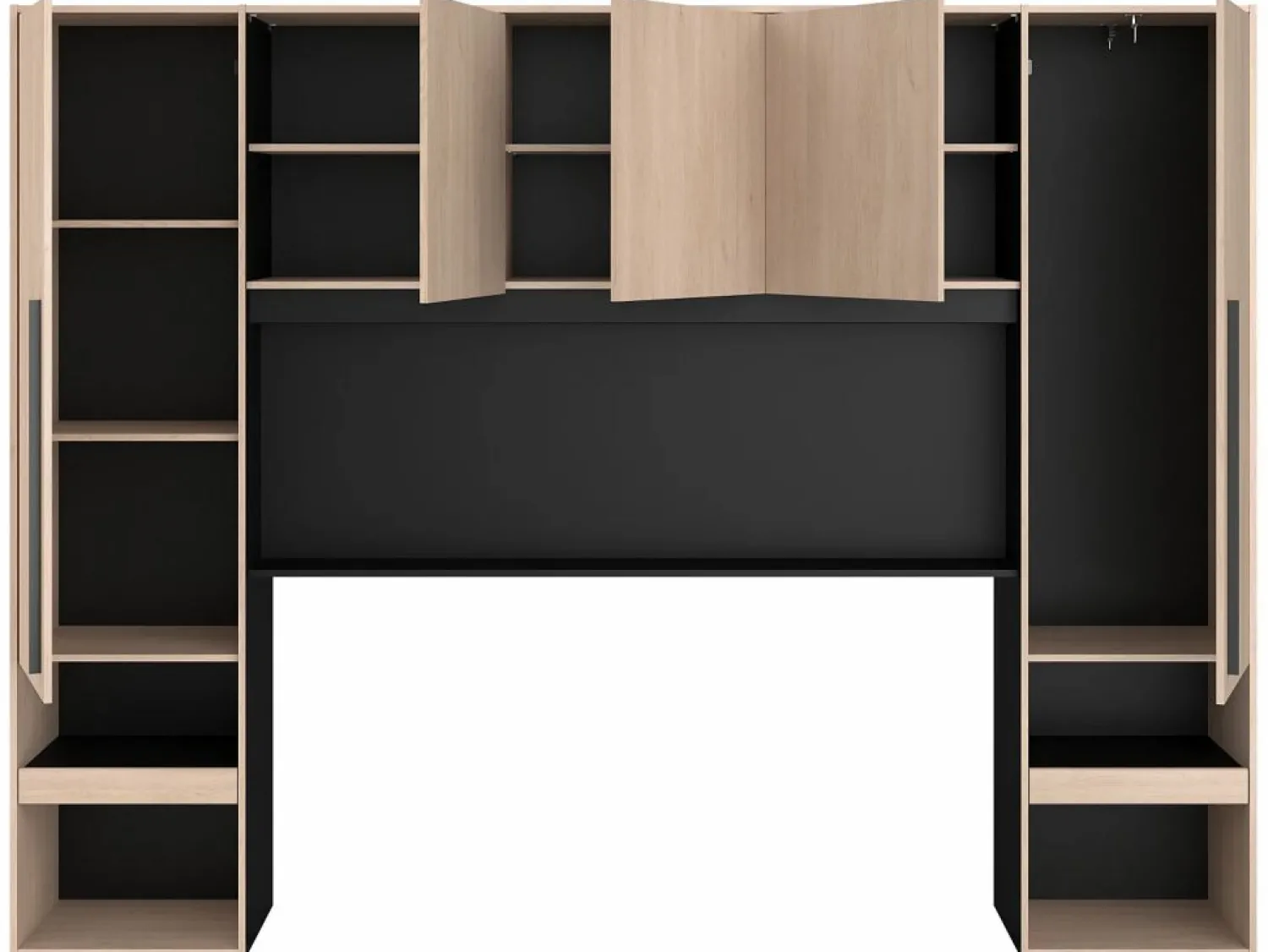 Outlet Puente de cama con compartimentos y LEDs L265 cm color natural y negro - VELONA Cabecero Y Puente De Cama