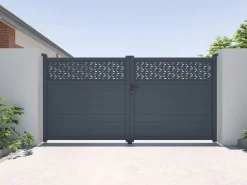 Discount EXPERTLAND Puerta batiente de aluminio con patrones L355 x H181 cm antracita - BAZIO Gris antracita