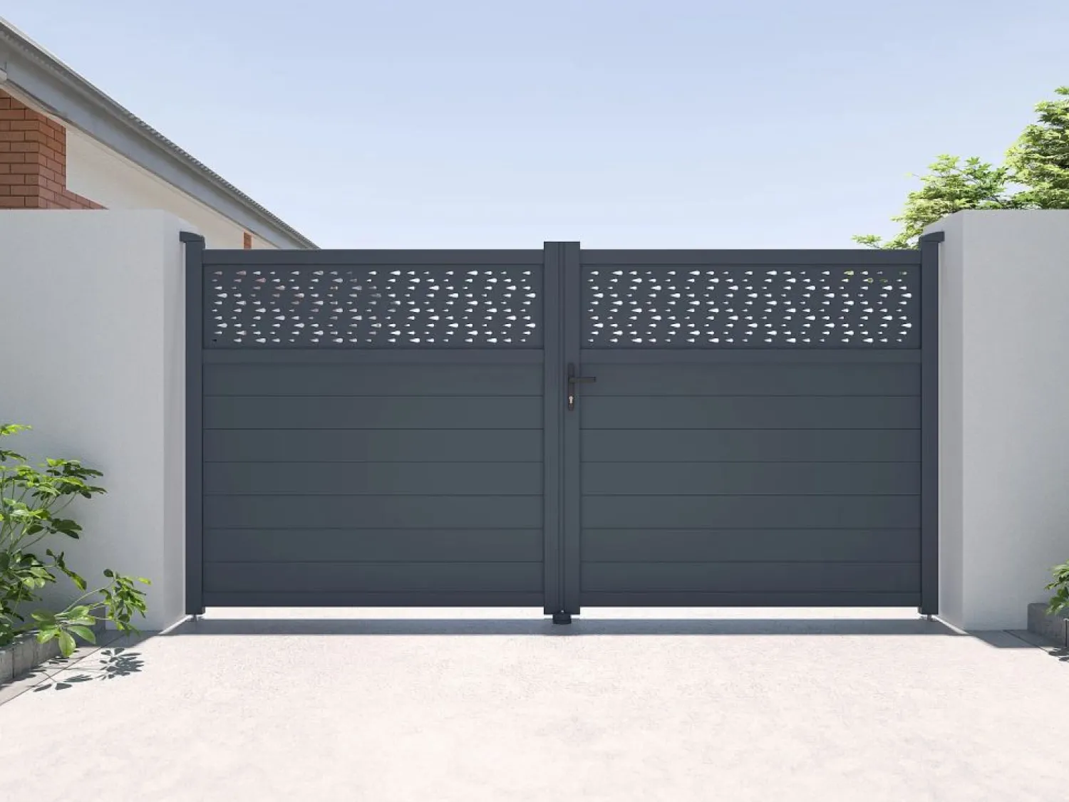 Discount EXPERTLAND Puerta batiente de aluminio con patrones L355 x H181 cm antracita - BAZIO Gris antracita