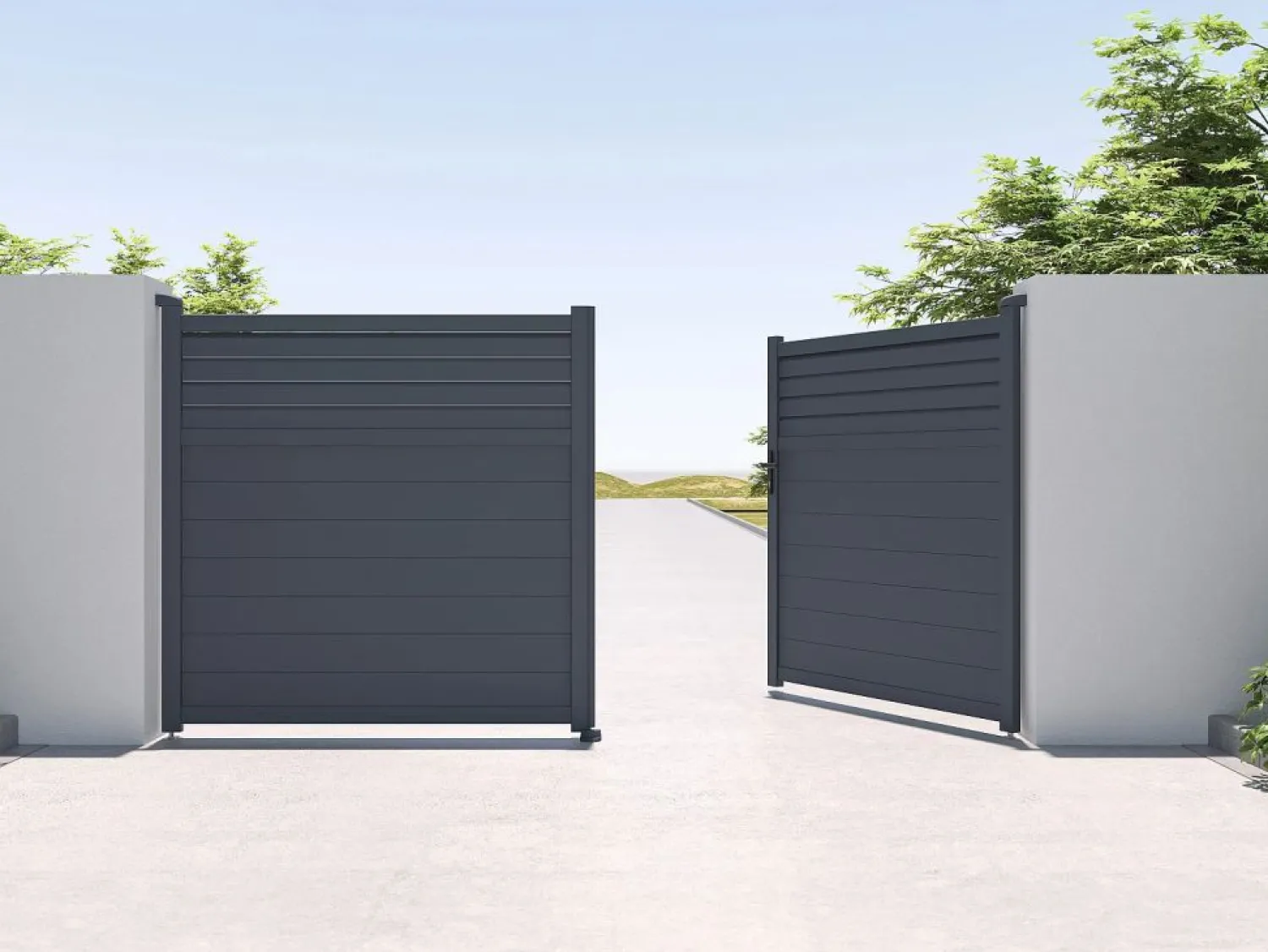 Online Puerta batiente de aluminio con lamas L355 x H181 cm antracita - VIAZO Portón