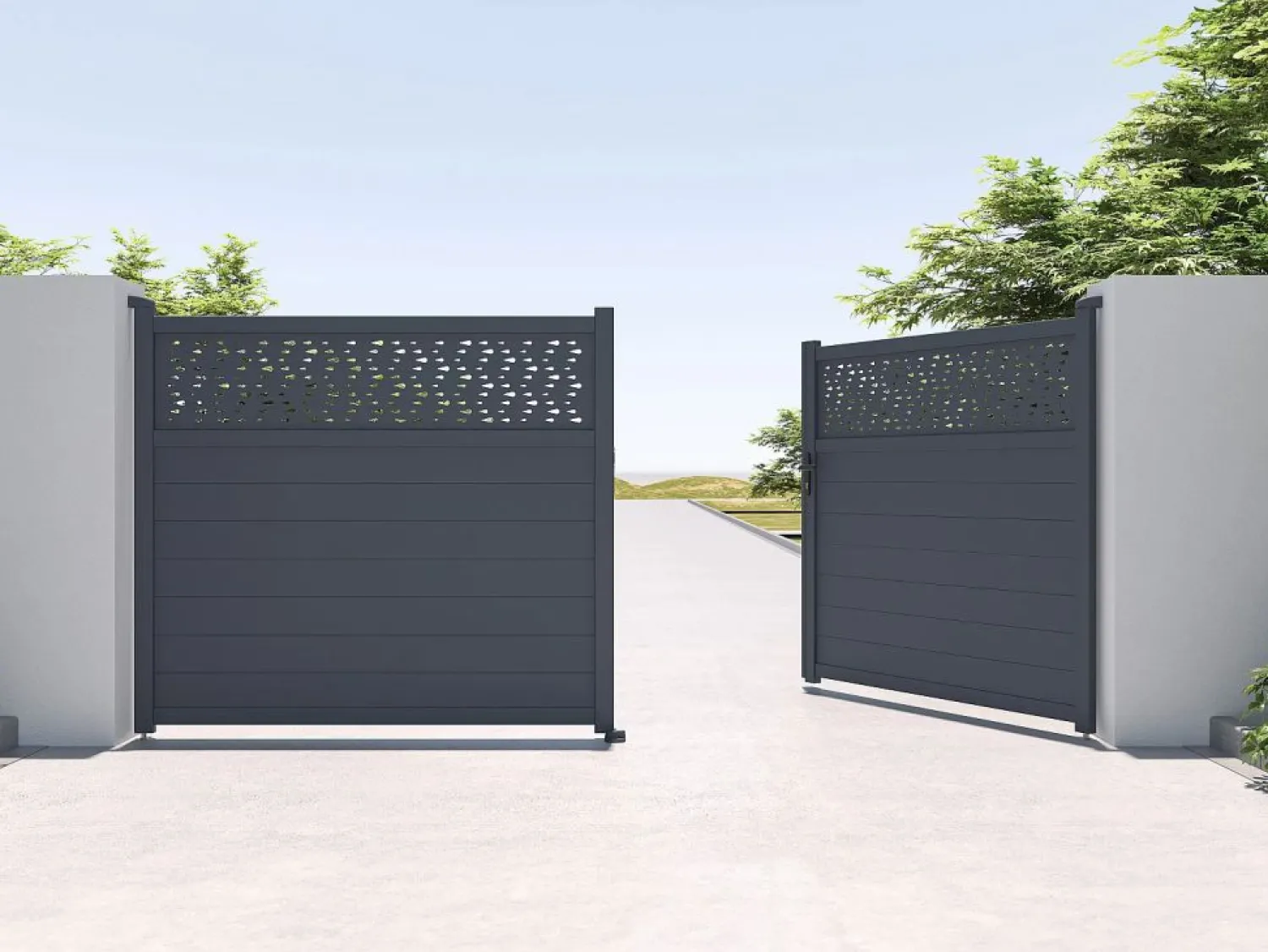 EXPERTLAND Puerta batiente de aluminio semimaciza con motivos L397 x H181 cm antracita - BAZIO