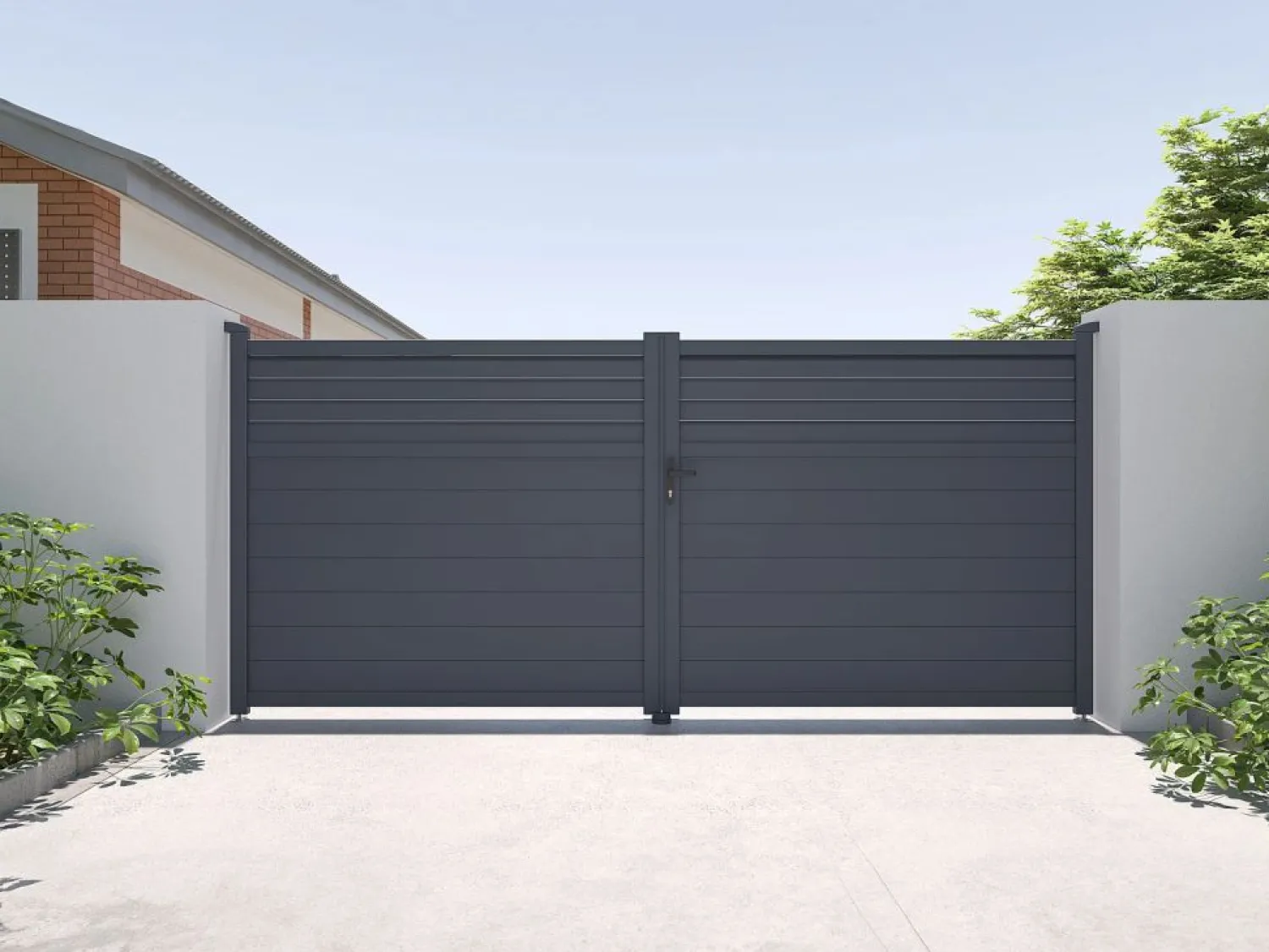 EXPERTLAND Puerta batiente eléctrica de aluminio con lamas L397 x H181 cm - VIAZO Gris antracita