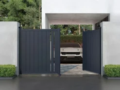 Clearance EXPERTLAND Puerta cancela eléctrica batiente de aluminio semicalada L309 x H181 cm antracita - TOROMA Gris antracita