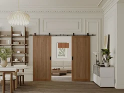 Vente-unique Puerta corredera doble con riel de MDF y madera natural oscuro - 2 x Alt. 205 x L73 cm - SANDORA Color natural oscuro