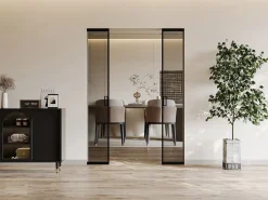 Vente-unique Puerta corredera doble con galandage, vidrio templado ahumado - 2 x Alt. 205 x L63 cm - LINCI II