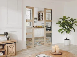 Vente-unique Puerta corredera doble empotrada 3 ventanas 2 x L93 cm Cristal templado ACOSTA II