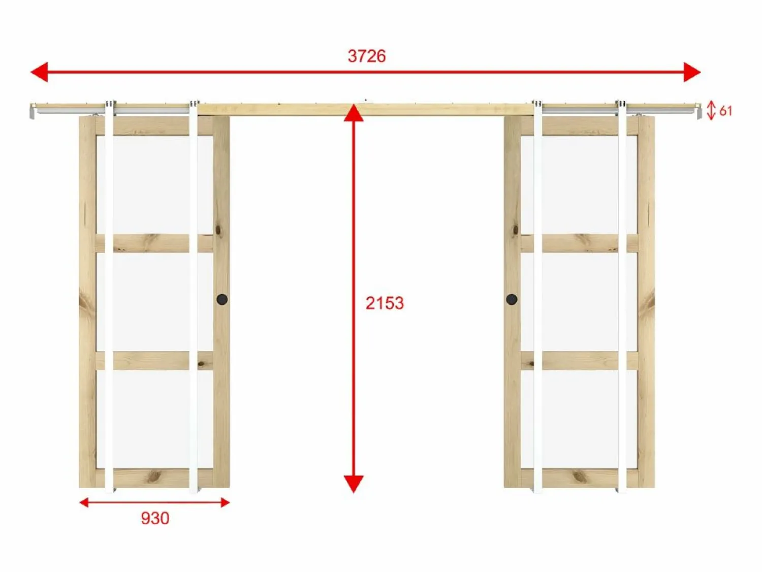 Vente-unique Puerta corredera doble empotrada 3 ventanas 2 x L93 cm Cristal templado ACOSTA II