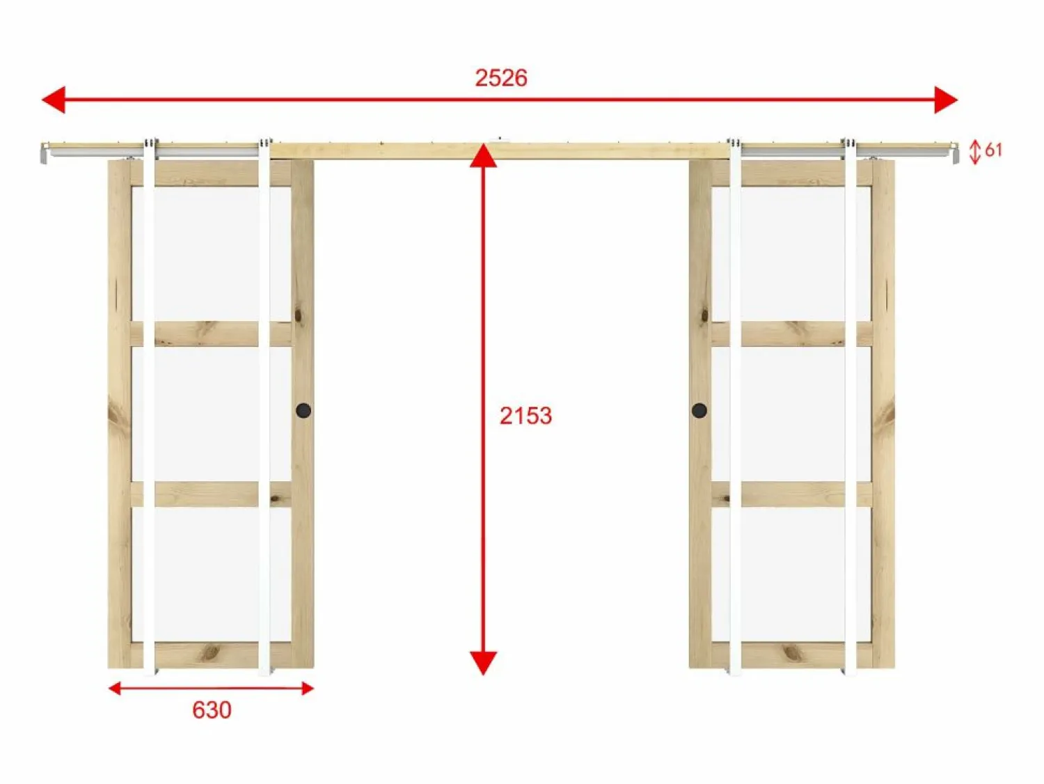 Clearance Vente-unique Puerta corredera doble empotrada 3 ventanas 2 x L63 cm Vidrio templado ACOSTA II Color natural claro