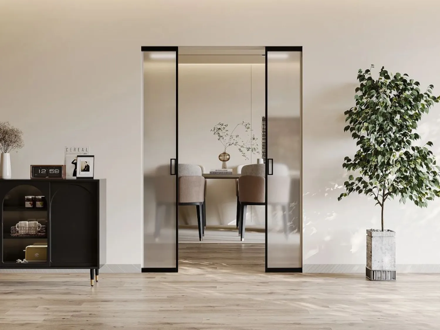 Vente-unique Puerta corredera doble sistema de empotrado vidrio esmerilado 2 x Alt. 205 x Ancho 63 cm - LINCI II