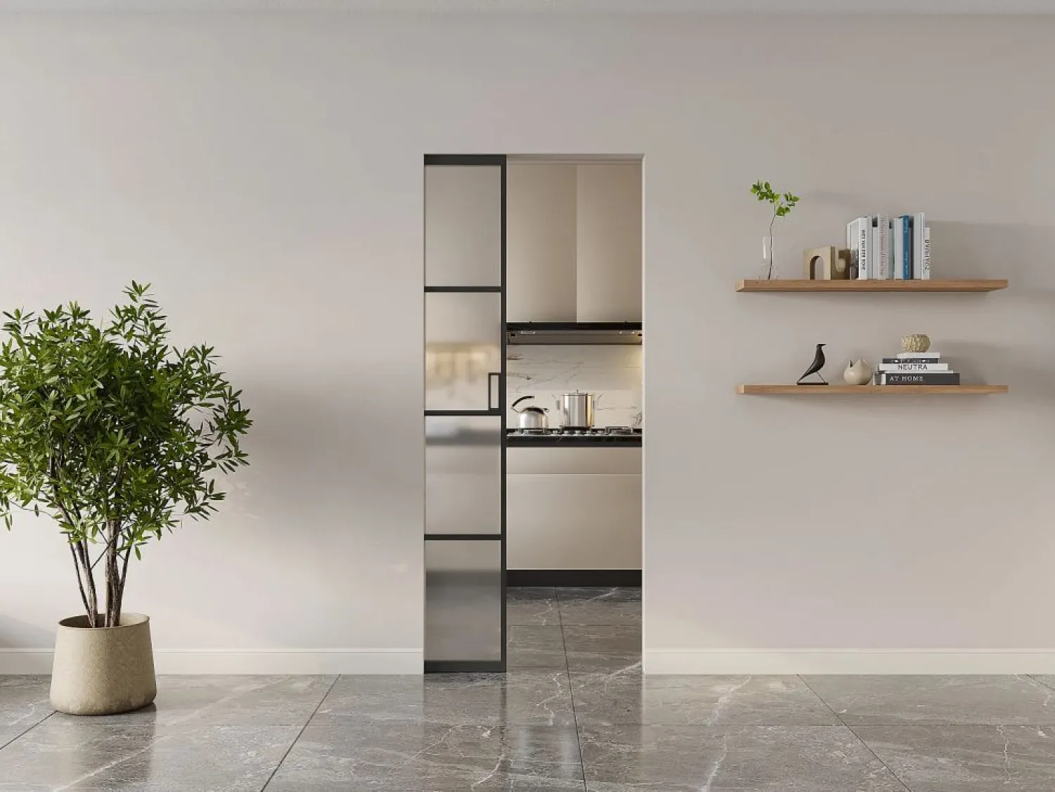 Vente-unique Puerta corredera empotrable vidrio templado mate y aluminio Alt. 205 x L93 cm SINCA II