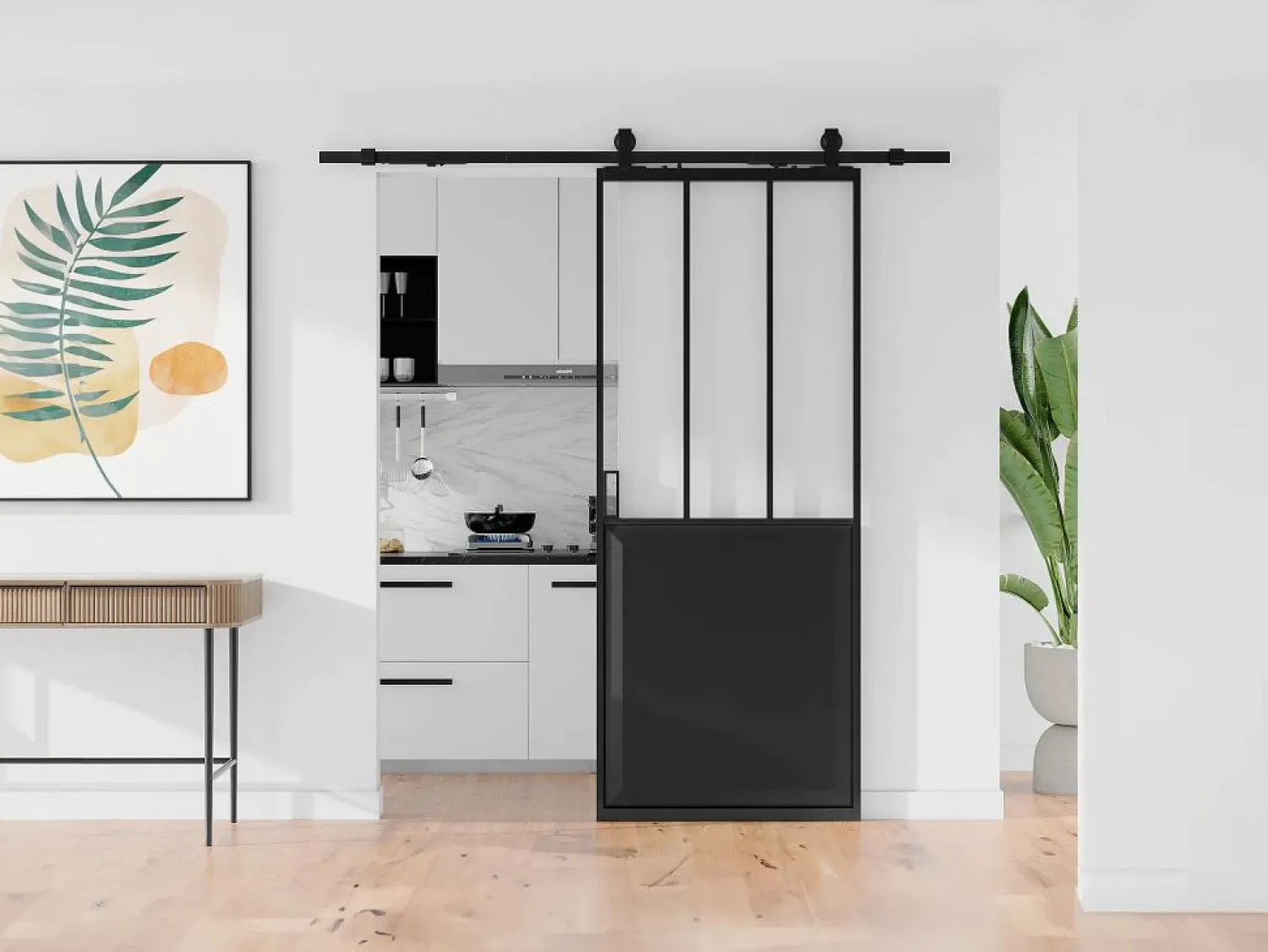 Clearance Vente-unique Puerta corredera estilo taller con aplicación en riel, Alt. 205 x Ancho 83 cm, vidrio transparente, ARTISTO II Negro