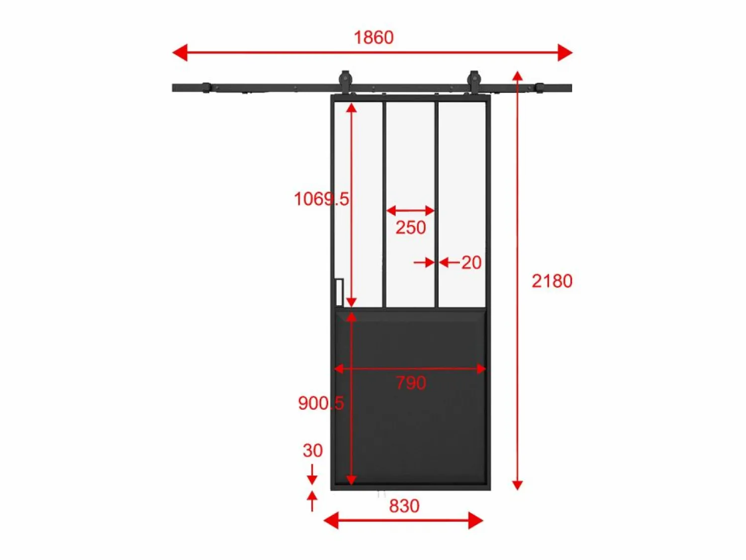Clearance Vente-unique Puerta corredera estilo taller con aplicación en riel, Alt. 205 x Ancho 83 cm, vidrio transparente, ARTISTO II Negro