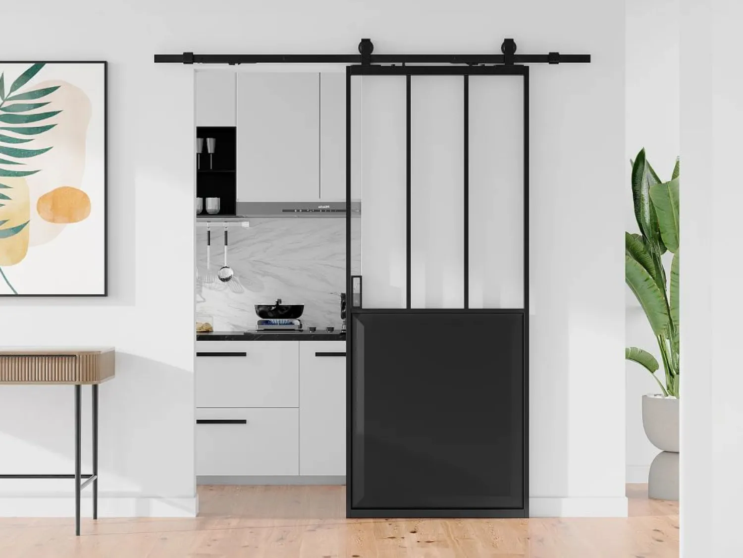 Best Puerta corredera tipo taller con riel, MDF y vidrio templado, Alt. 205 x Ancho 93 cm, ARTISTO II Puerta Corredera