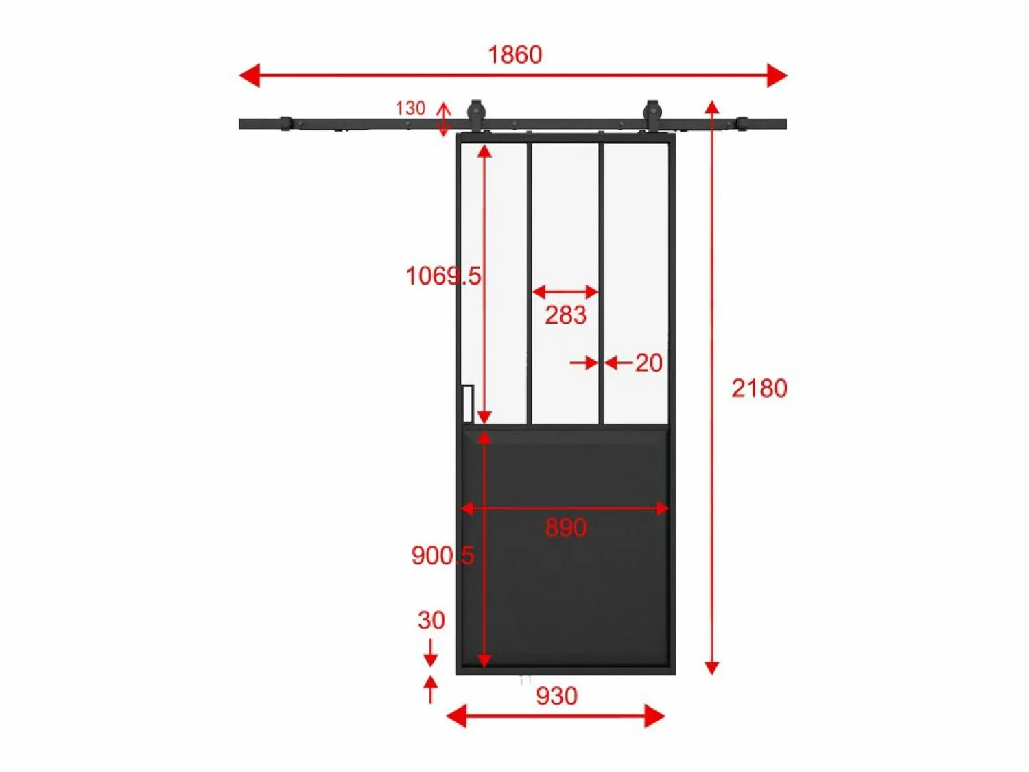 Best Puerta corredera tipo taller con riel, MDF y vidrio templado, Alt. 205 x Ancho 93 cm, ARTISTO II Puerta Corredera