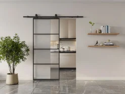 Online Vente-unique Puerta corredera vista aluminio y vidrio esmerilado - Alt. 205 x L63 cm - SINCA II Negro