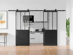 Hot Vente-unique Puerta corredera vista doble con riel de vidrio templado 2 x Alt. 205 x L93 cm, ARTISTO II Negro