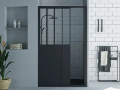 Shower & Design Puerta de ducha corredera negra estilo atelier, mampara de ducha, 120 x 195 cm, URBANIK