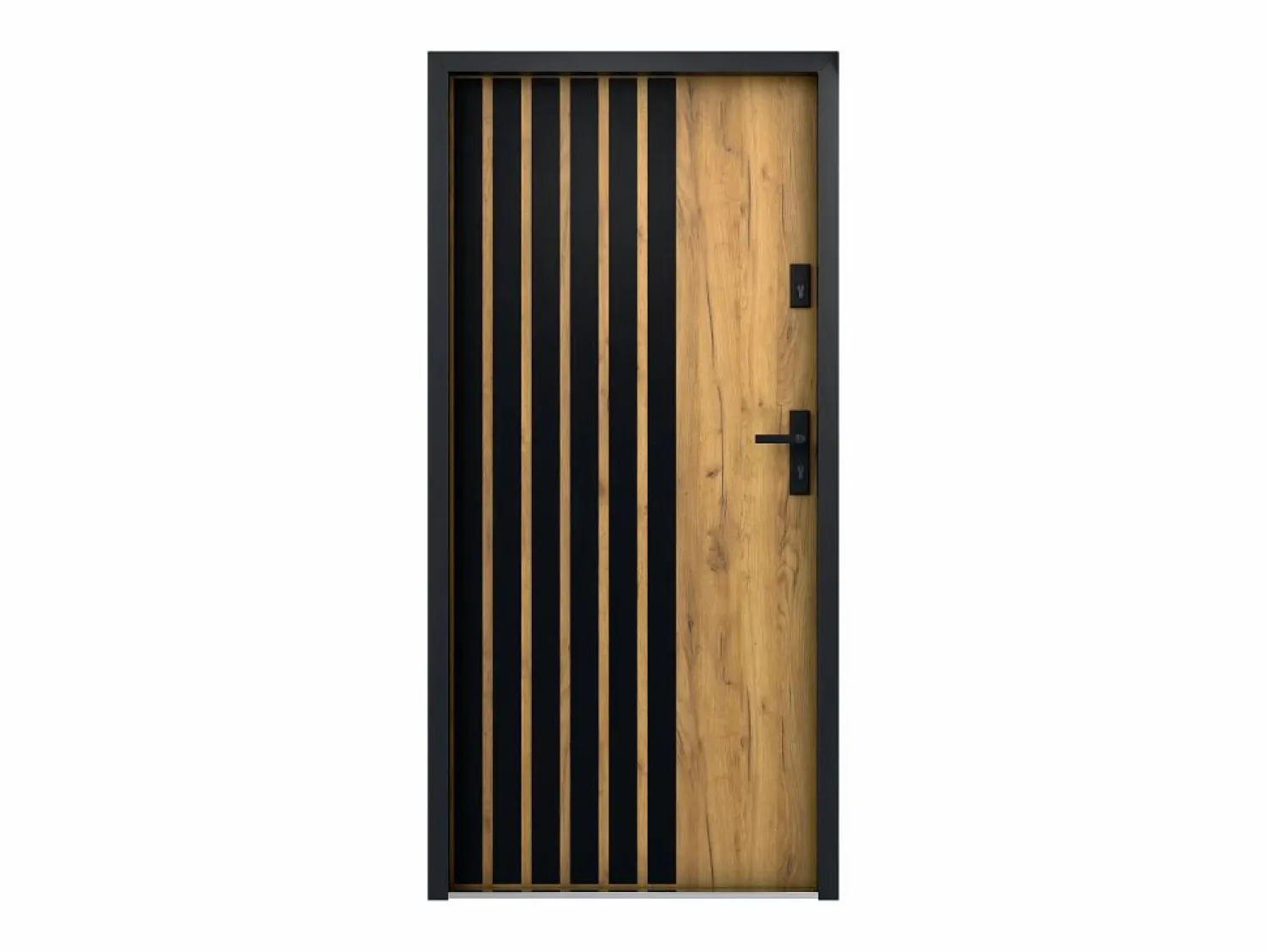 Outlet Vente-unique Puerta de entrada de acero Alt. 207 x L100 cm - Madera y negro - empuje izquierdo - COBRITA Color natural claro