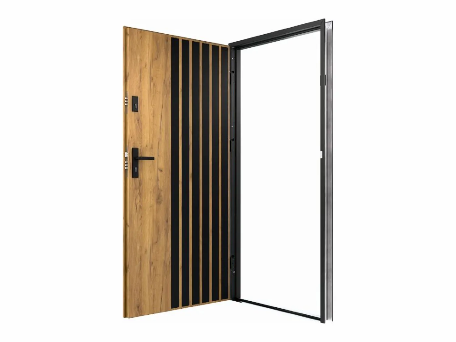 Outlet Vente-unique Puerta de entrada de acero Alt. 207 x L100 cm - Madera y negro - empuje izquierdo - COBRITA Color natural claro