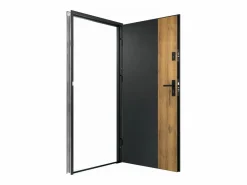Vente-unique Puerta de entrada de acero Alt. 207 x L100 cm - Negro y madera - apertura a la izquierda - MABENA