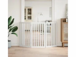 Clearance Clicnbuy Puerta para perros plegable 3 paneles madera álamo blanca 150cm Blanco