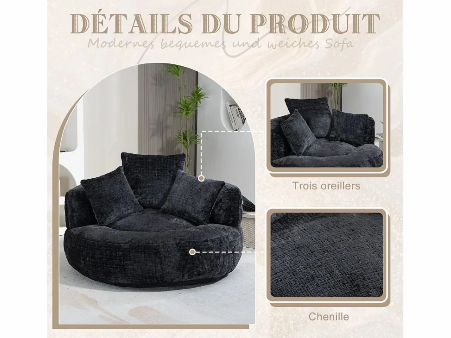 Puf Sillón Alto - Modelo Grande - Incluye 3 Cojines - Ultra Suave y Multiusos - para Adultos y Niños Negro