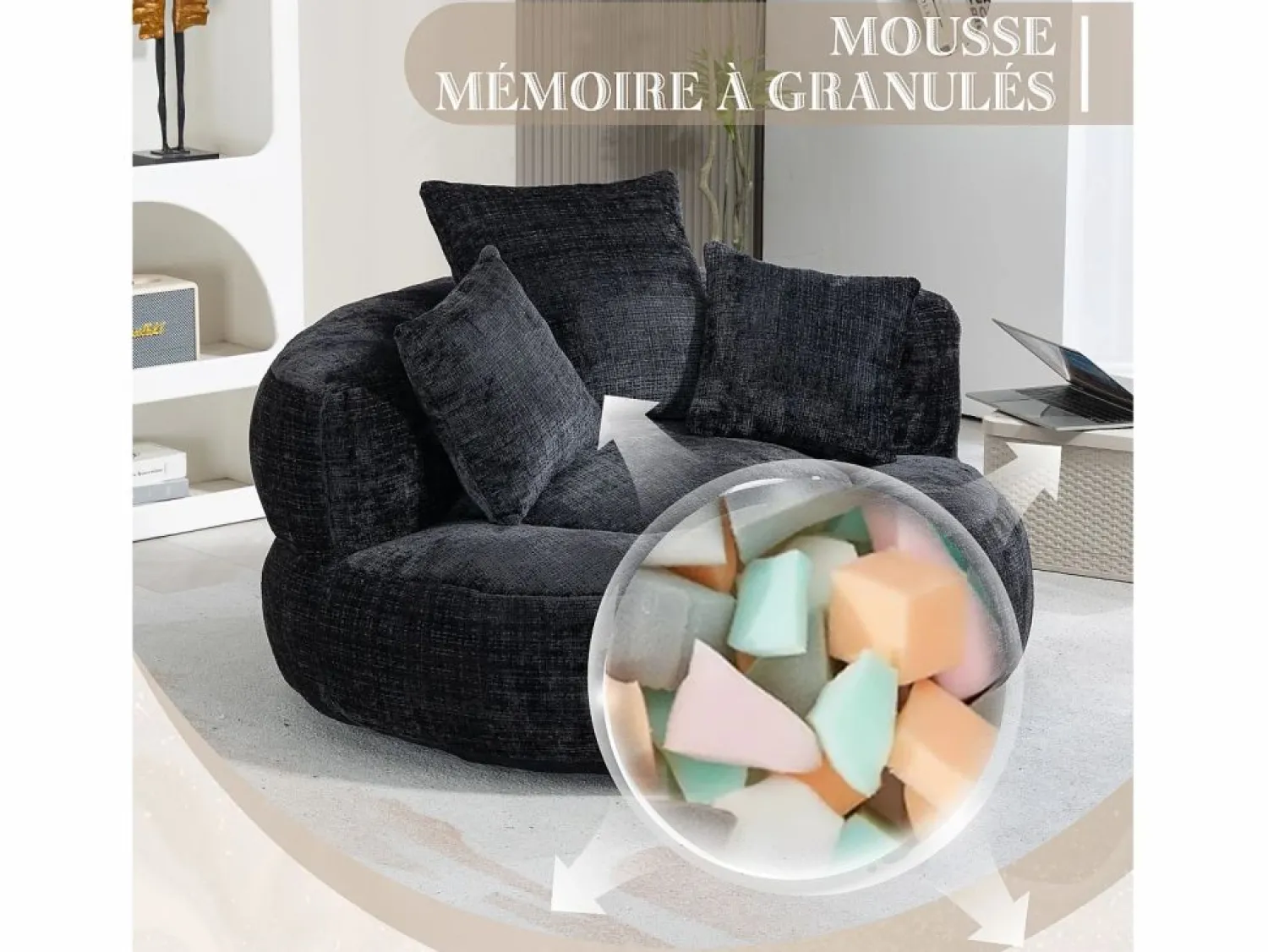 Puf Sillón Alto - Modelo Grande - Incluye 3 Cojines - Ultra Suave y Multiusos - para Adultos y Niños Negro