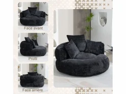 Puf Sillón Alto - Modelo Grande - Incluye 3 Cojines - Ultra Suave y Multiusos - para Adultos y Niños Negro