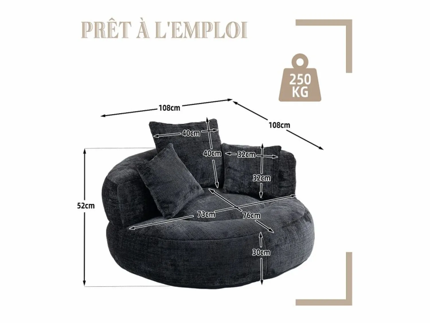 Puf Sillón Alto - Modelo Grande - Incluye 3 Cojines - Ultra Suave y Multiusos - para Adultos y Niños Negro