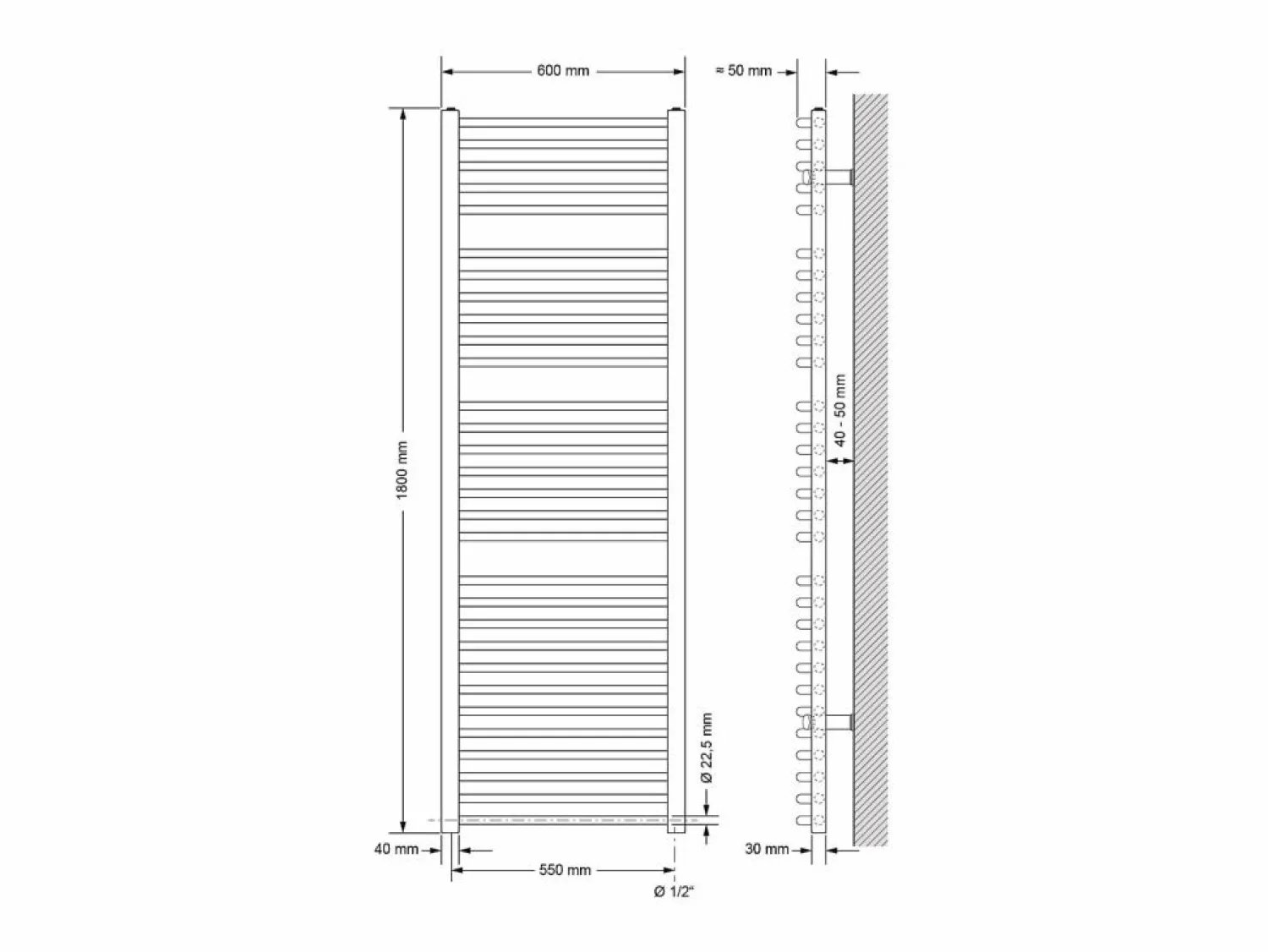 Radiador de baño curvo Sahara con conexión lateral radiador 600x1800 mm Toallero Eléctrico