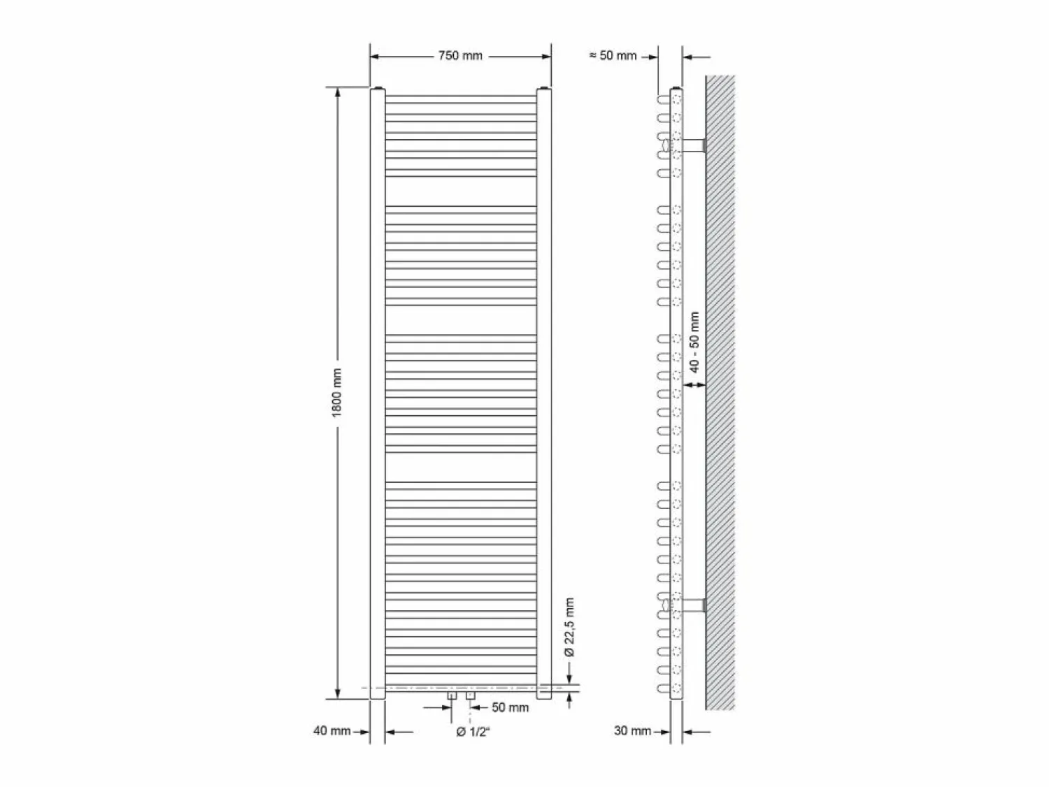 Radiador de baño Sahara, 750x1800 mm, , curvo con conexión central Toallero Eléctrico