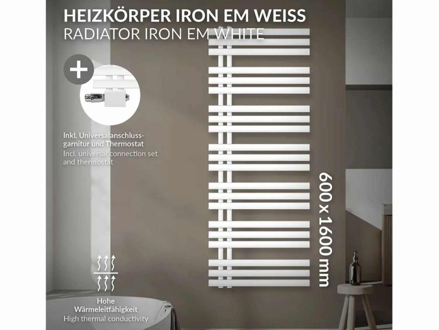 LuxeBath Radiador de Diseño Iron EM 600x1600 mm Conexión Central Inferior con Embellecedor
