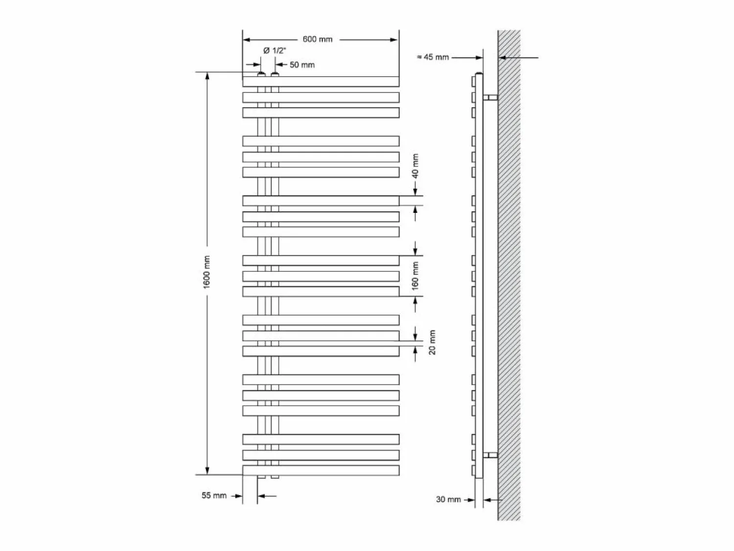 LuxeBath Radiador de Diseño Iron EM 600x1600 mm Conexión Central Inferior con Embellecedor