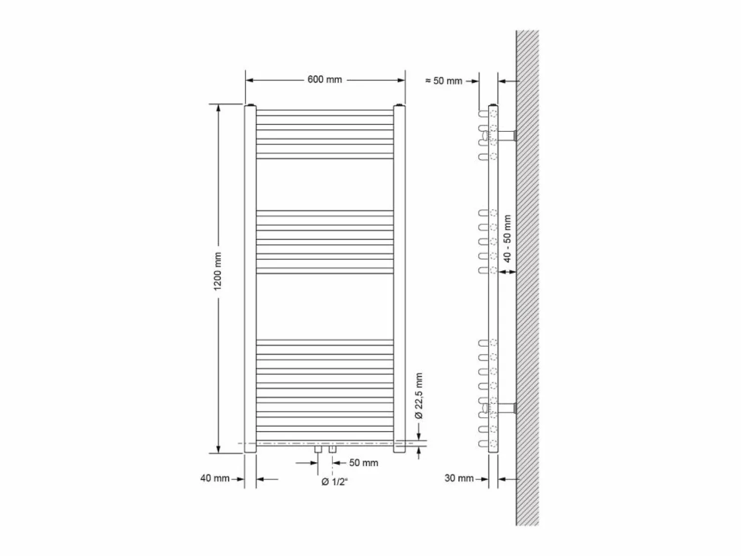 Radiador de diseño no eléctrico Sahara, 600 x 1200 mm, , conexión central, con kit Toallero Eléctrico